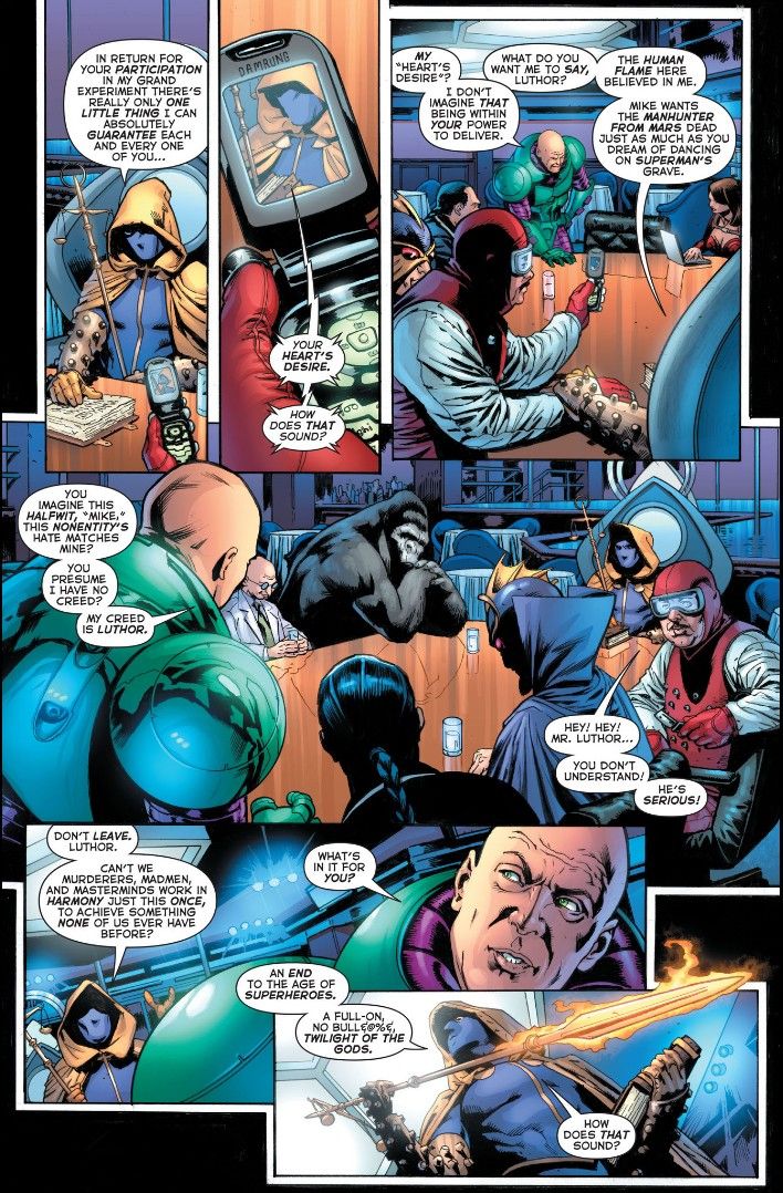 A page from Final Crisis issue 1 showing a group of villains in a meeting.