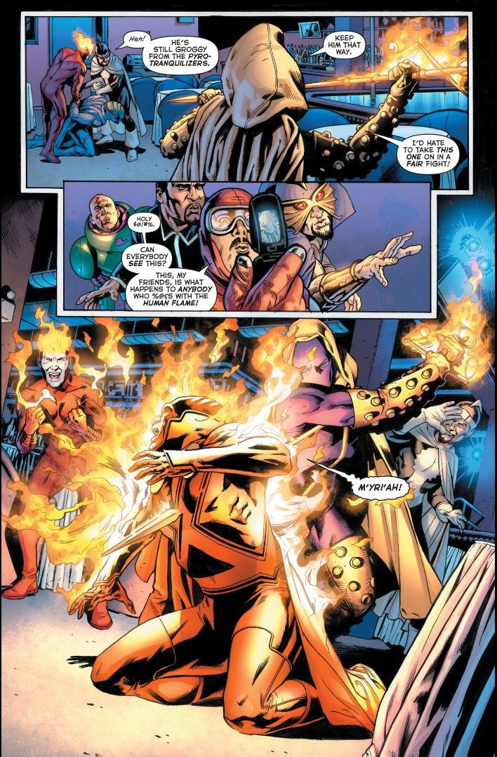 A page from Final Crisis issue one showing the villains setting Martian Manhunter on fire, killing him.
