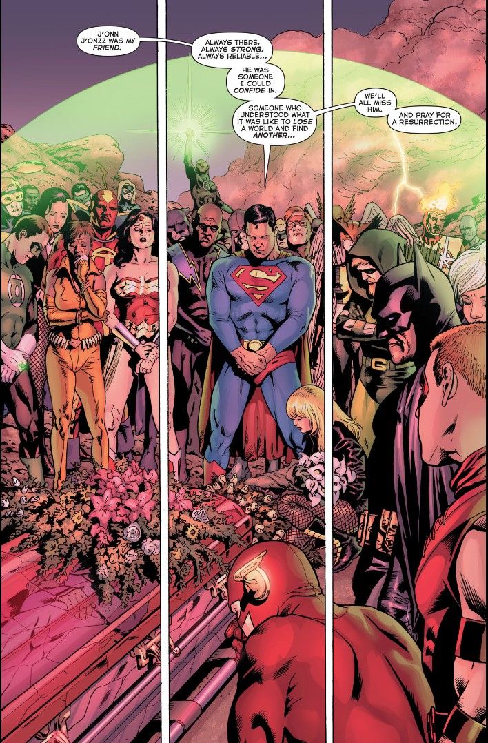 A page from Final Crisis issue two showing the Justice League on Mars for Martain Manhunter's funeral. Superman delivers a eulogy.