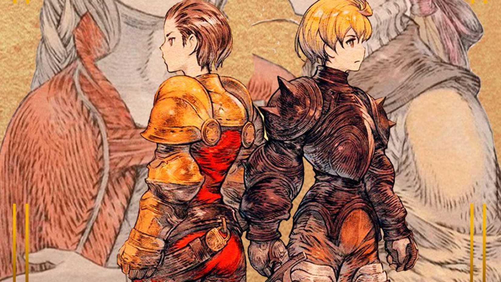 Final Fantasy Tactics's Ramza and Delita stand back to back, both looking pensive in their armor.