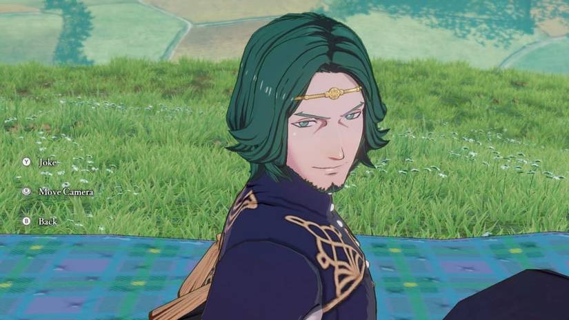 Fire emblem Seteth sitting on a picnic blanket in the grass in fire emblem three houses