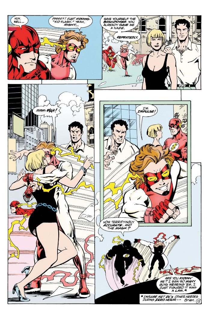 A page from Flash issue 95 showing Wally trying to mentor Bart. Bart kisses a random woman and names hiimself Impulse, taking it from Wally calling him impulsive.