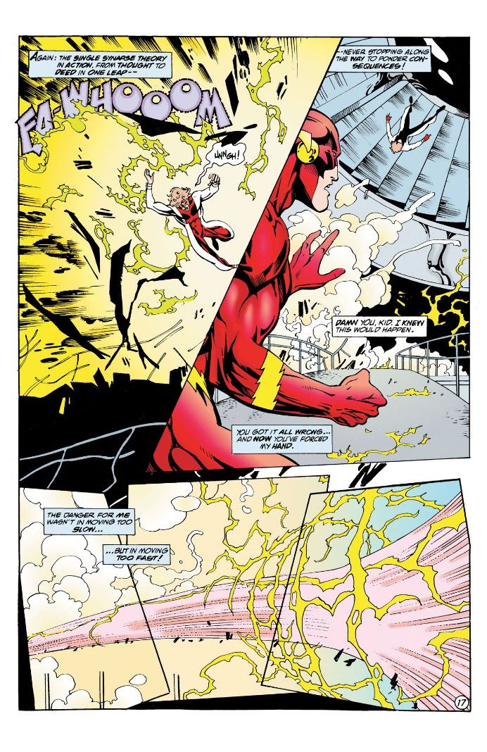A page from Flash issue 95 showing Impulse ignoring Flash's orders and causing havoc. Flash must race to save Impulse from his own actions.