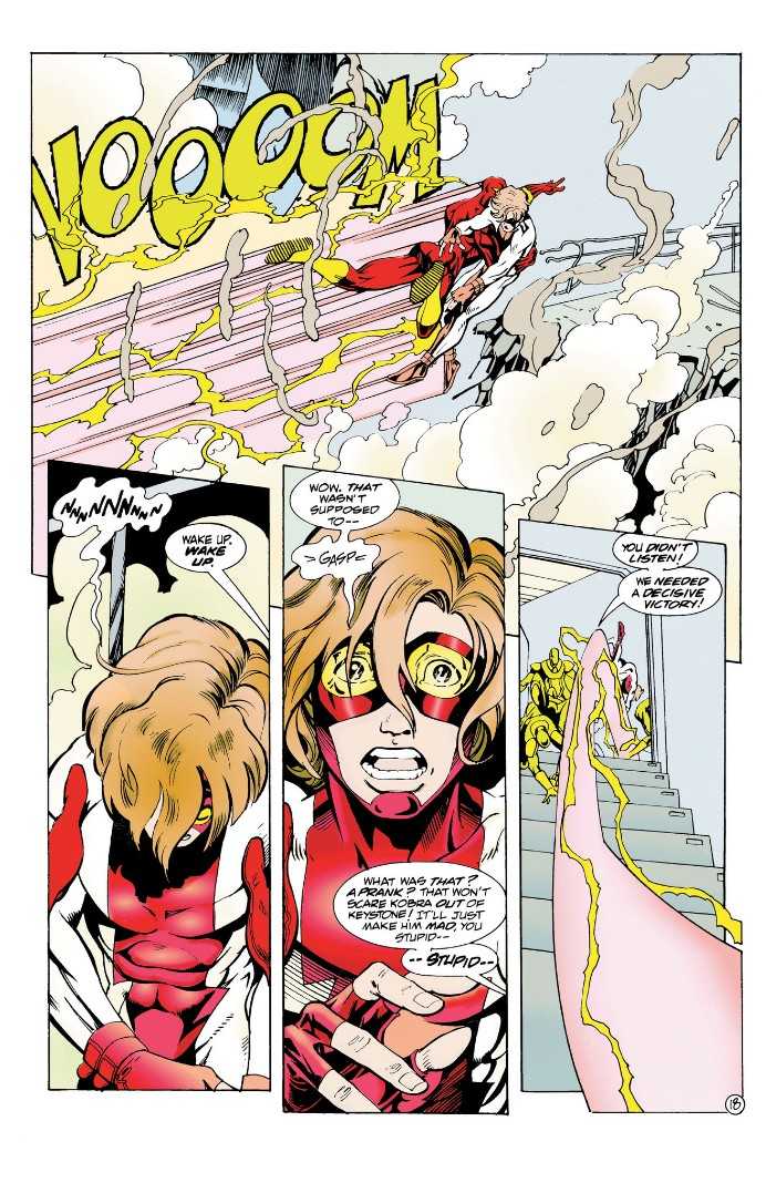 A page from Flash issue 95 showing Flash carrying Impulse out of an exploding building, yelling at the teen hero