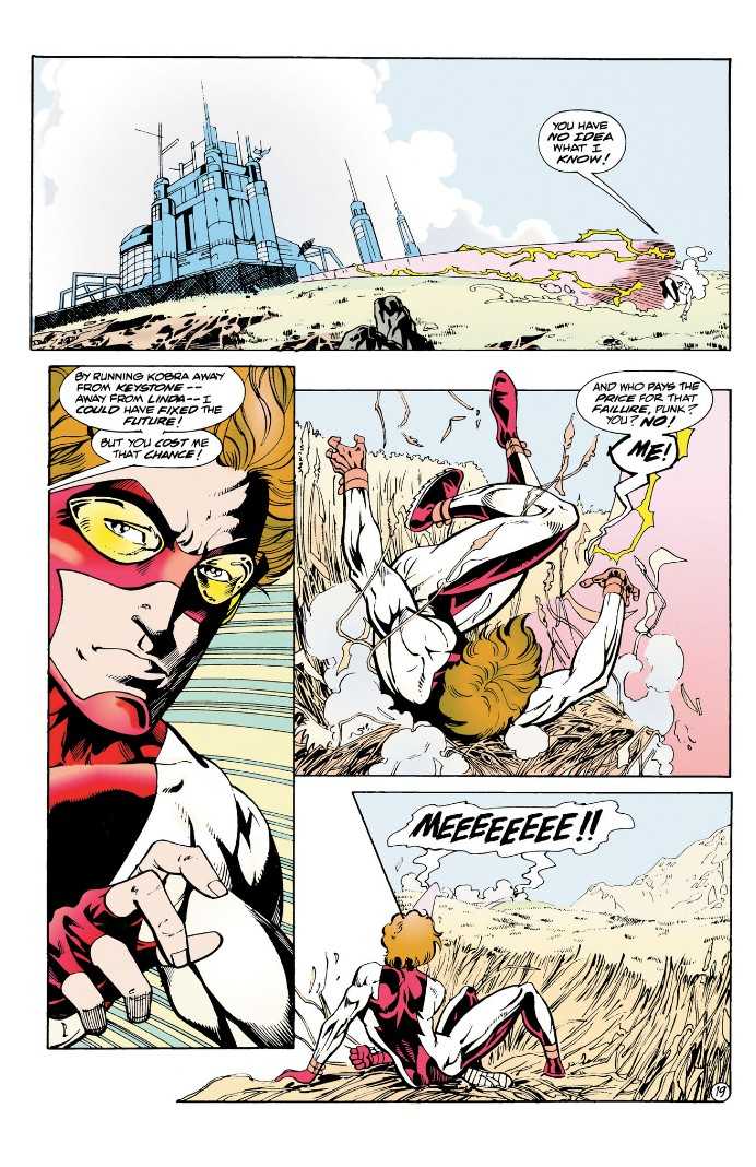 A page from Flash issue 95 showing Flash dumping Impulse off in a wheat field after yelling at him some more.
