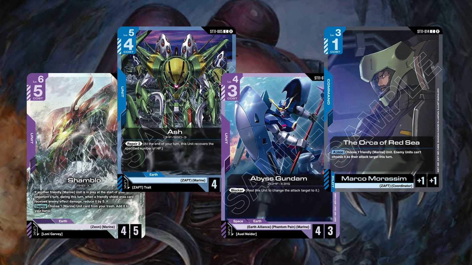 Four of the card samples for what is in the Aquatic Assault starter deck for the Gundam Card Game