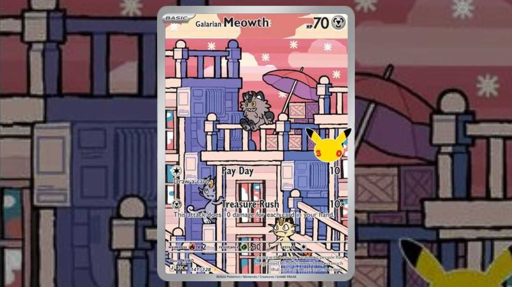 Galarian Meowth card 141 from Pokemon TCG 30th Celebration set