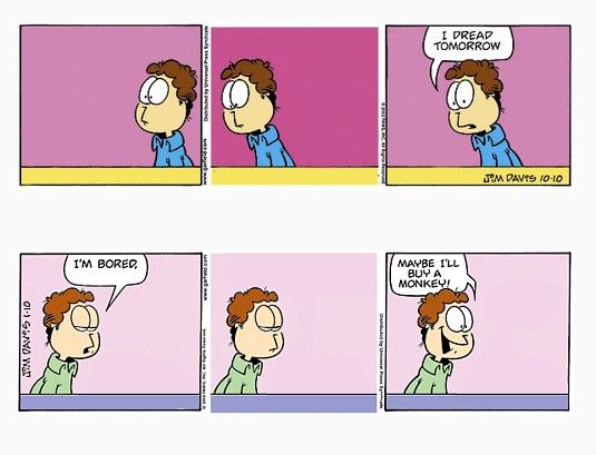 Two Garfield Minus Garfield strips. The first shows Jon standing silently in the first two panels. In the third panel, Jon says