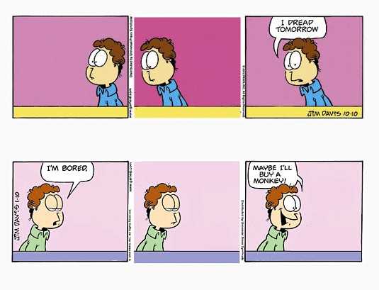 Two Garfield Minus Garfield strips. The first shows Jon standing silently in the first two panels. In the third panel, Jon says