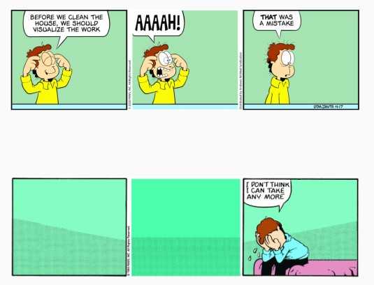 Two Garfield Minus Garfield strips. The first strip begins with Jon, his eyes closed and his hands on his temples, saying