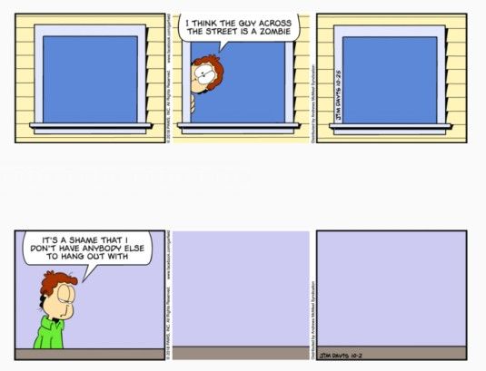 Two Garfield Minus Garfield strips. The first panel of the first strip shows an empty window. In the second panel, Jon peaks in from the side of the window and says