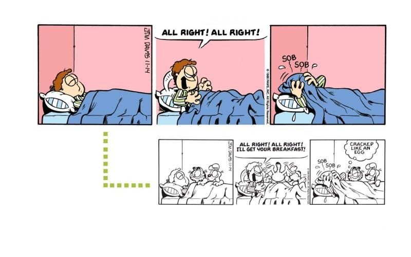 A Garfield Minus Garfield strip next to the original Garfield strip.