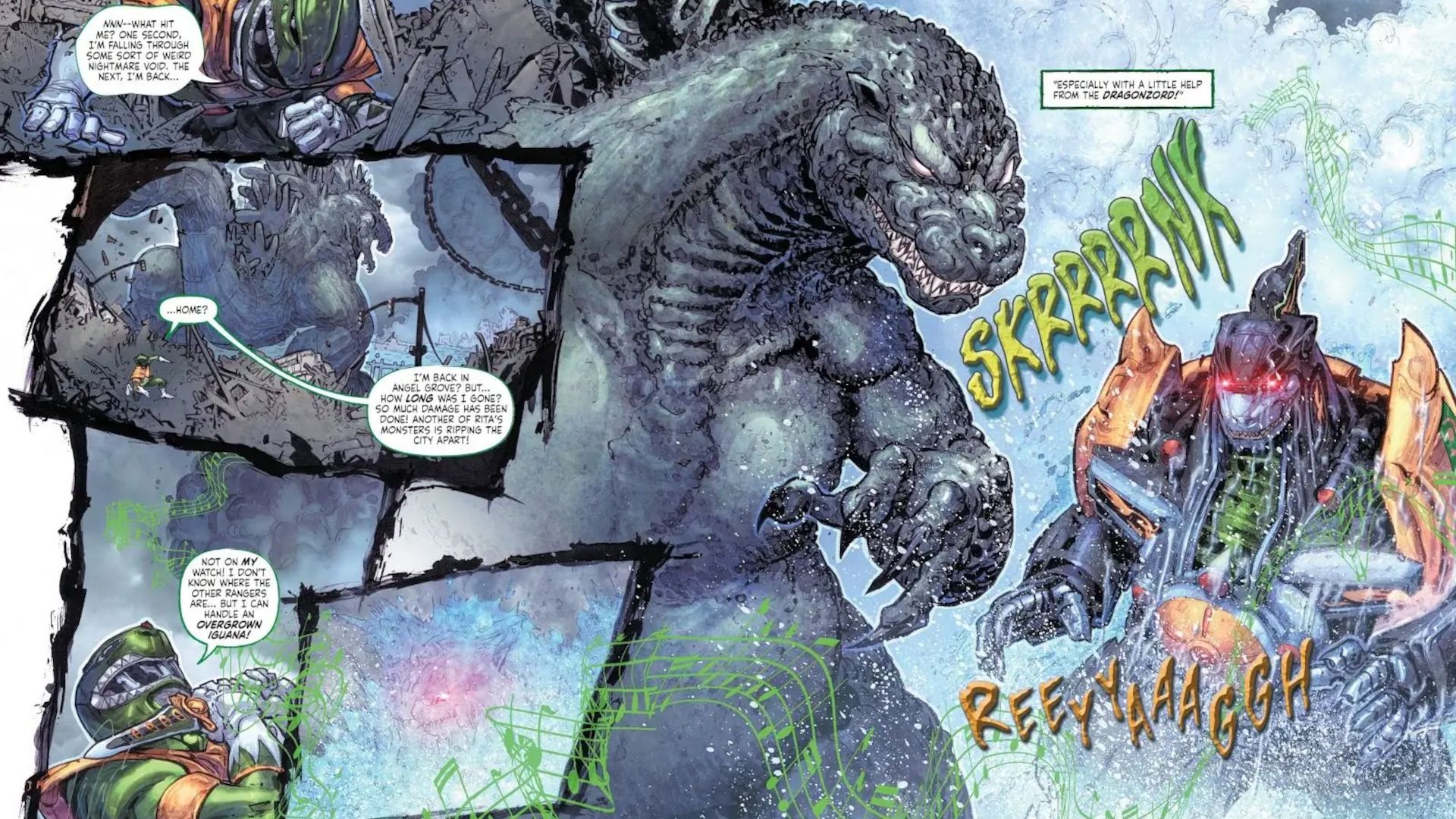 Godzilla Power Rangers Crossover Green Ranger fight