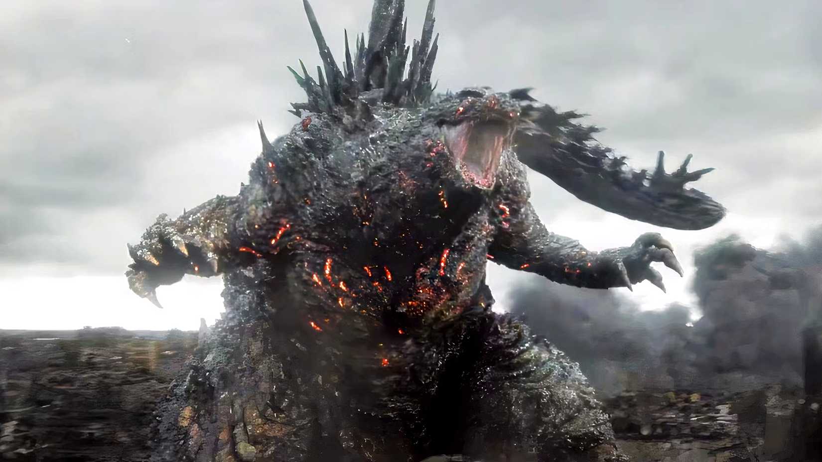 Godzilla rugindo na cidade em Godzilla Minus Zero