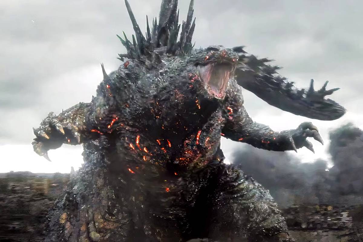 The Strongest Godzilla Version fighting the Avengers in a cosmic Marvel cityscape