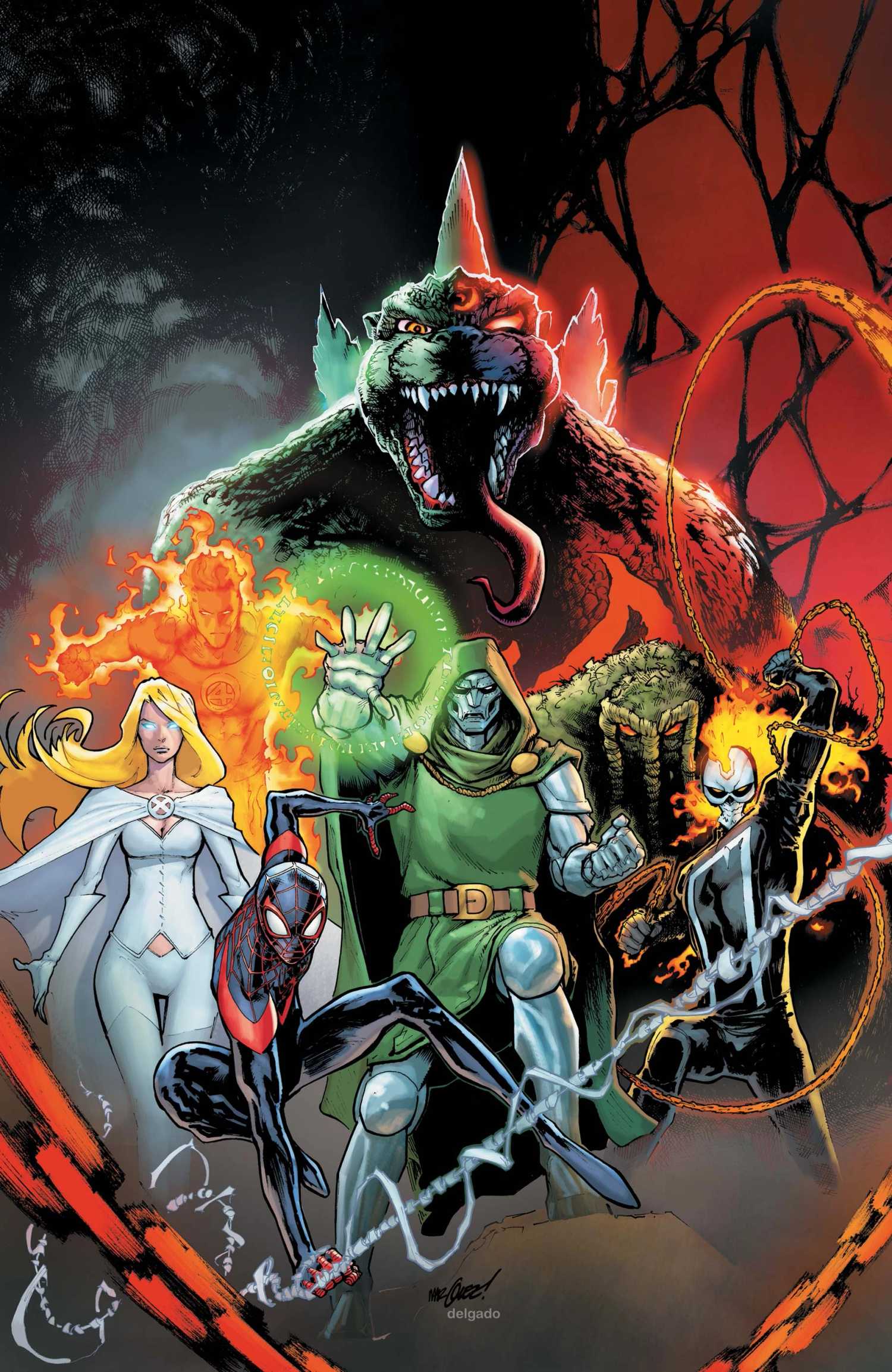 Godzilla stands behind the Avengers of Doom