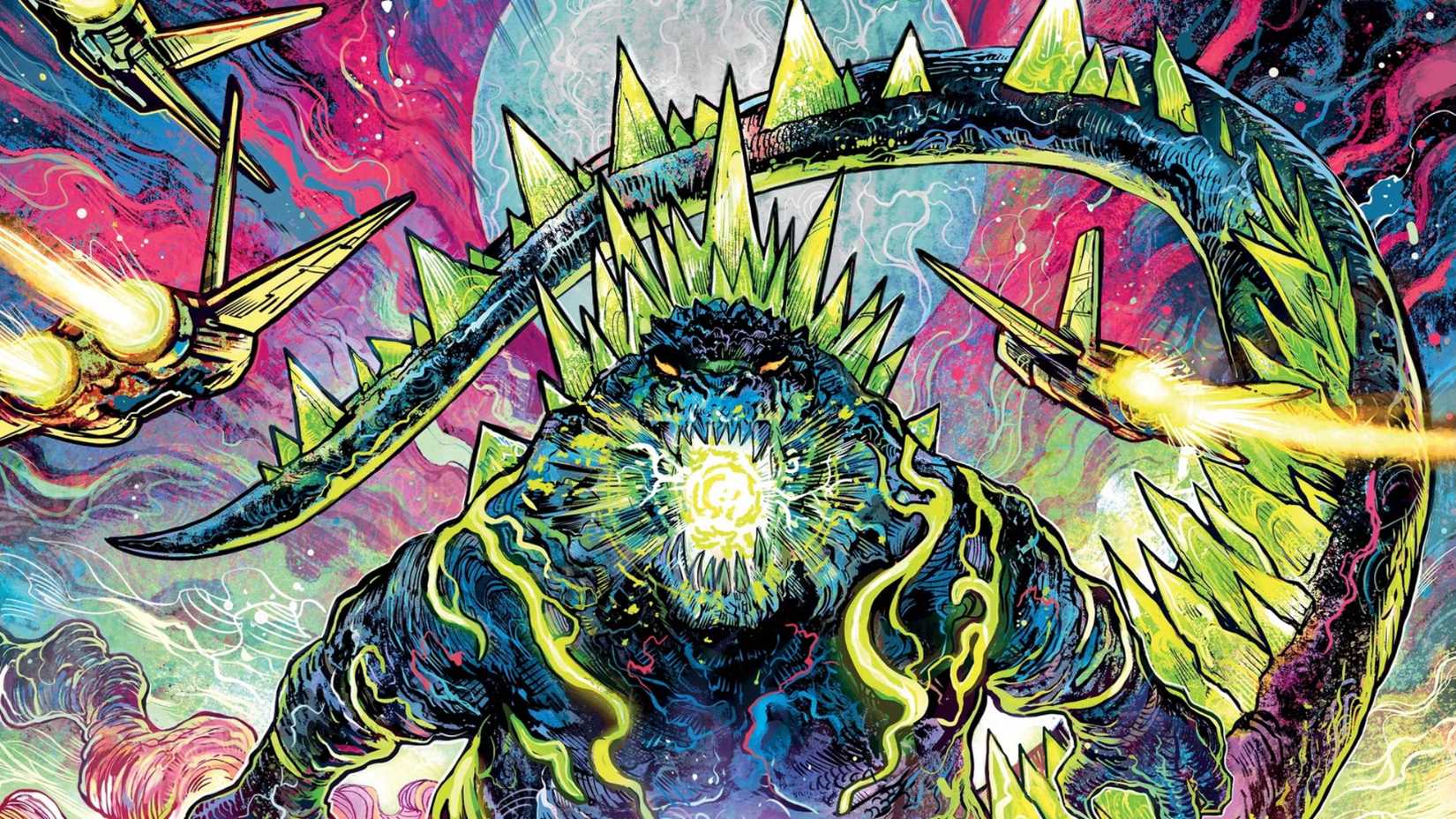 Fighter jets fly toward Godzilla, which is preparing an attack in Godzilla The Roleplaying Game artwork.
