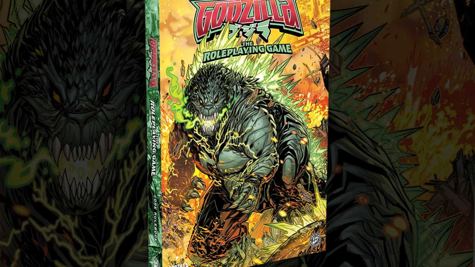 The Godzilla The Roleplaying Game book is highlighted, showcasing the iconic kaiju.