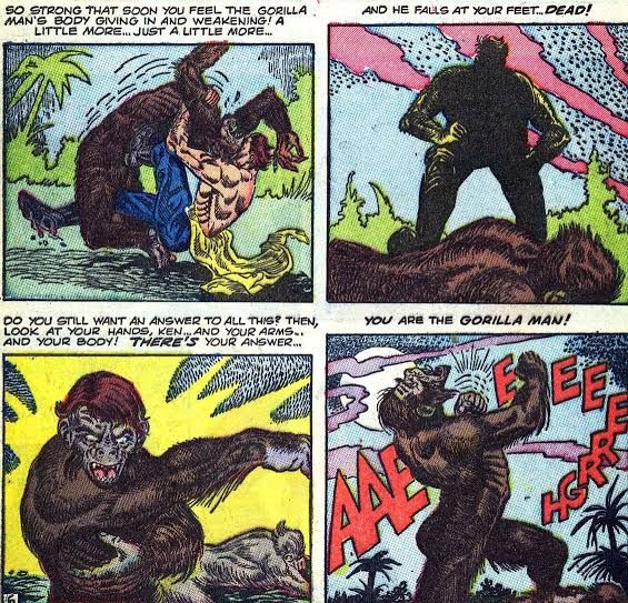 A page from the first Gorilla-Man story showing Kennth Hale kill the mythical Gorilla-Man before turning into Gorilla-Man himself.