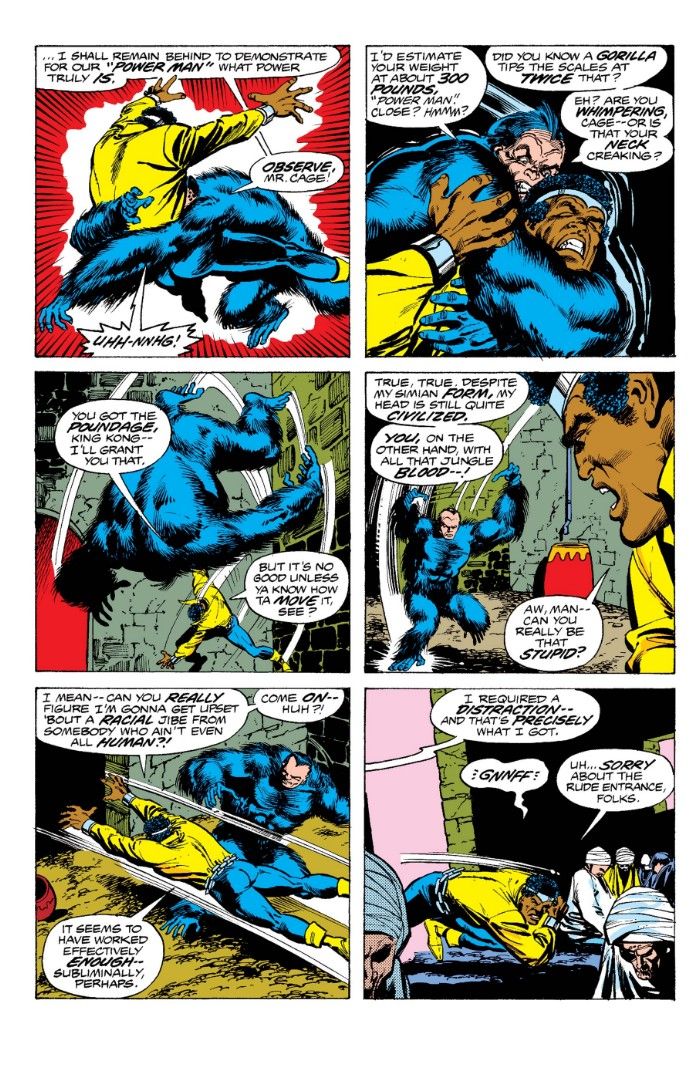 A page from Defenders Annual #1 showing Gorilla-Man (Arthur Nagan) fighting Luke Cage.