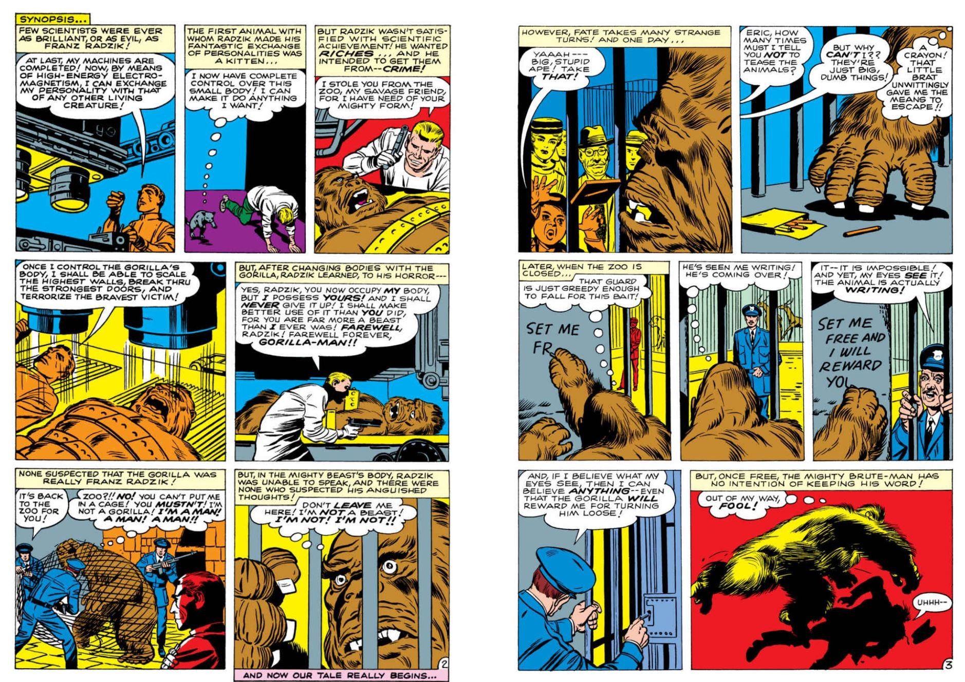 Two pages from the story of the third Gorilla-Man (Franz Radzik) turning himself into a gorllia and being locked up in a zoo.