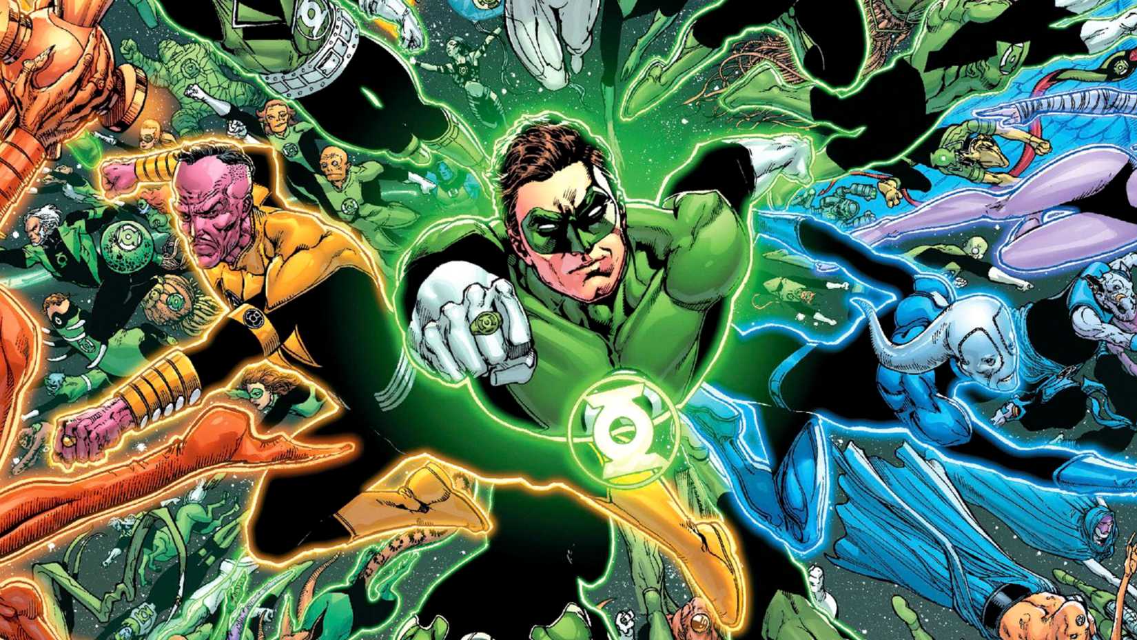 Green Lantern Hal Jordan flies at the center of all the Emotional Spectrum's Corps