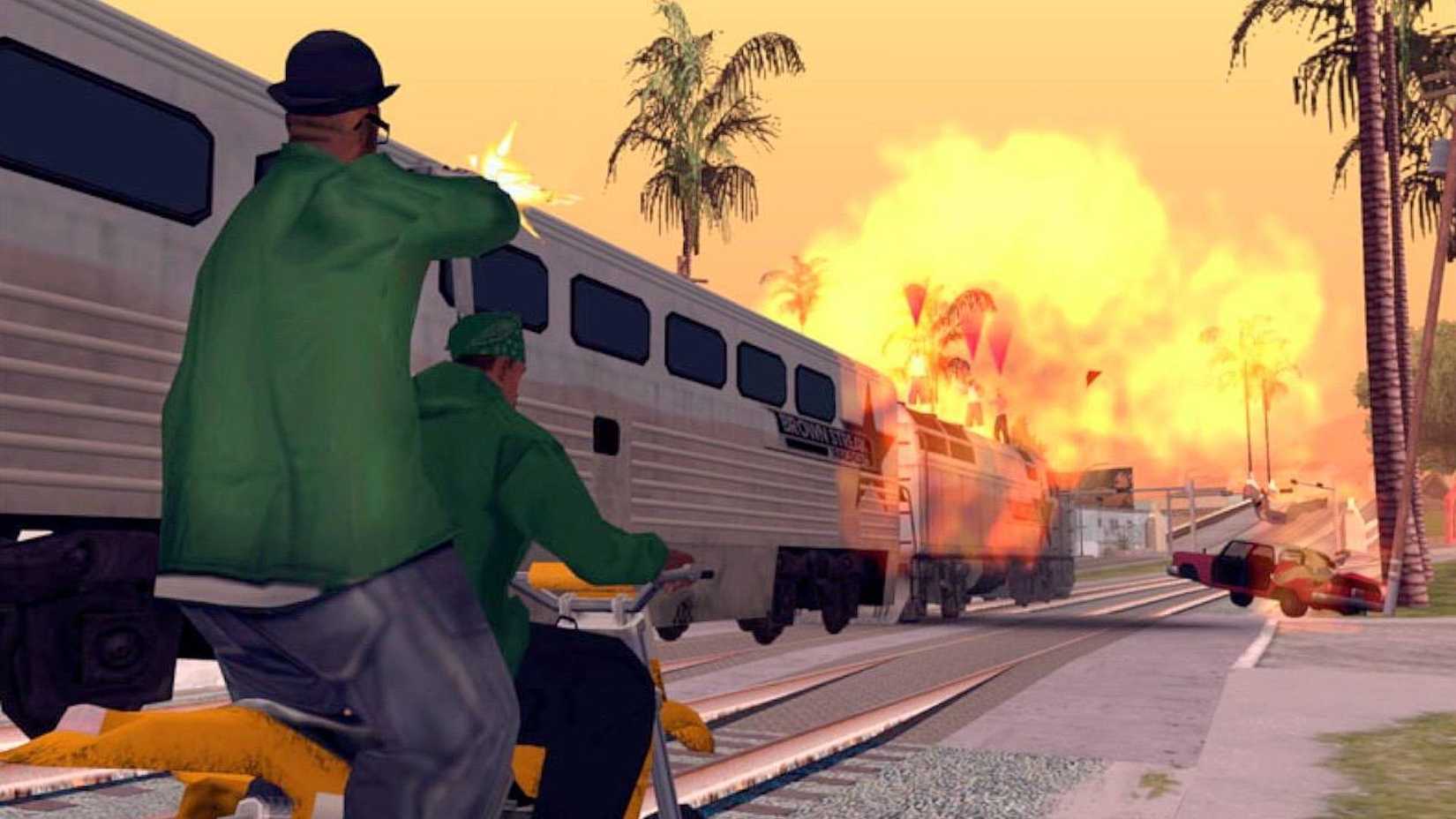 CJ on a motorbike with Big Smoke on the back shooting at a train.
