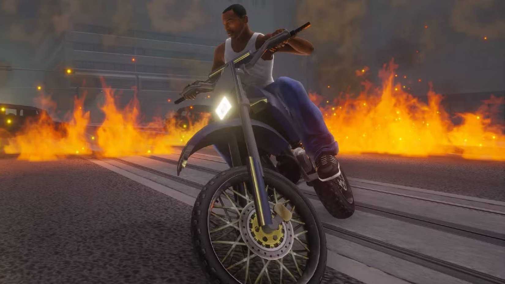 CJ driving a bike near fire in GTA San Andreas.