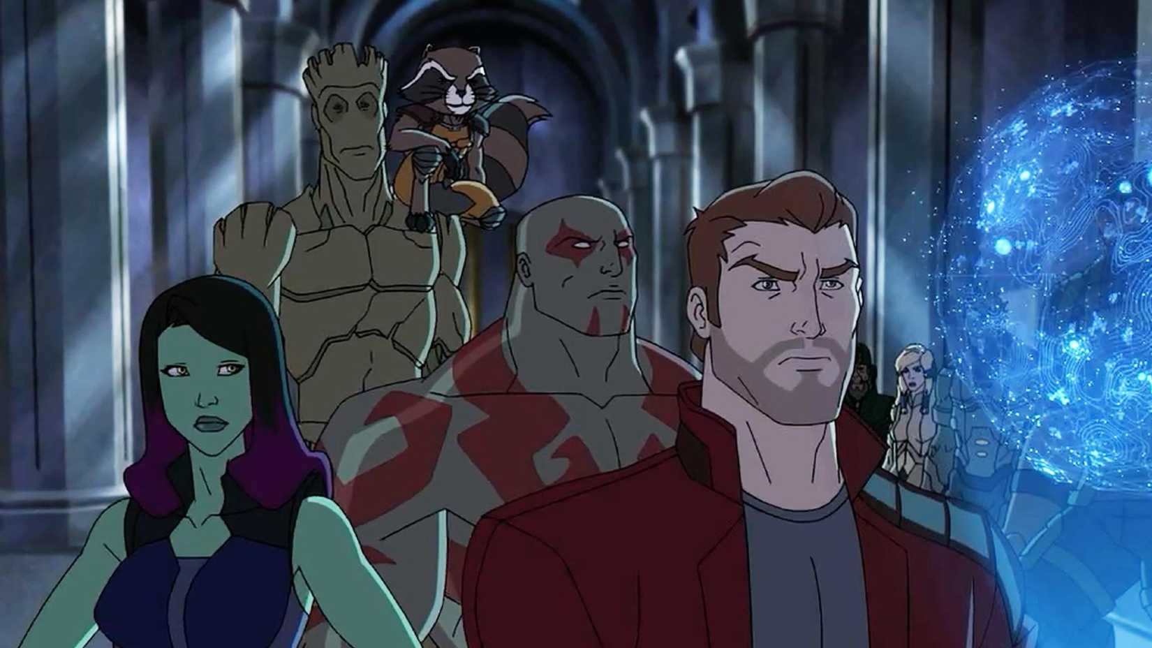 Guardians of the Galaxy characters look at a holographic sphere in the Guardians of the Galaxy animated TV show