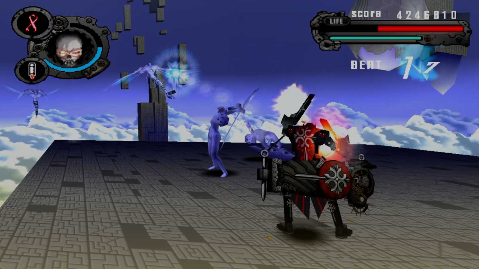 Beyond The Grave shoots at alien enemies in Gungrave.