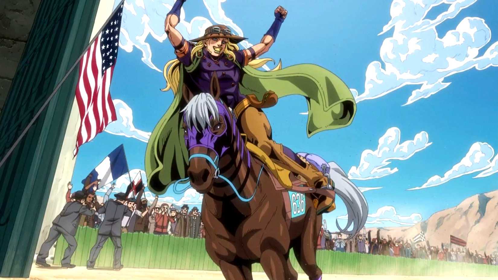 Gyro celebrates in JoJo's Bizarre Adventure Steel Ball Run Gyro Victory