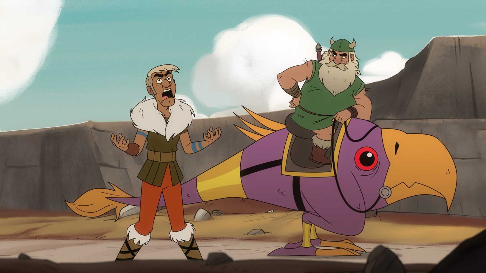 Hampton screamingly angrily while Gilius looks dismissively and sitting atop Chickenleg in Golden Axe
