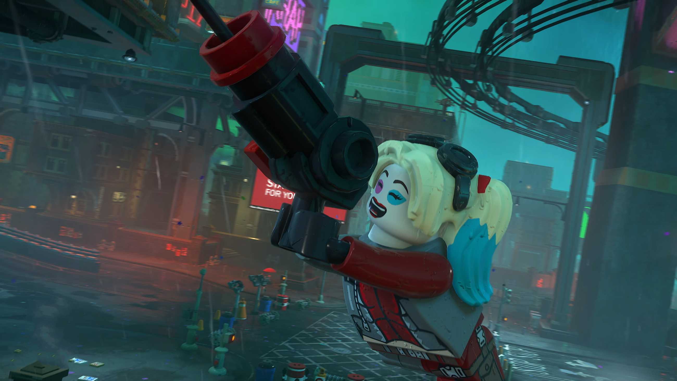 Harley Quinn using a grappling hook in Lego Batman Legacy of the Dark Knight.