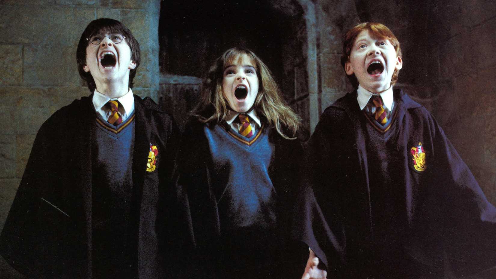 Harry Hermione and Ron screaming seeing Fluffy in Harry Potter and the Sorcerer's Stone