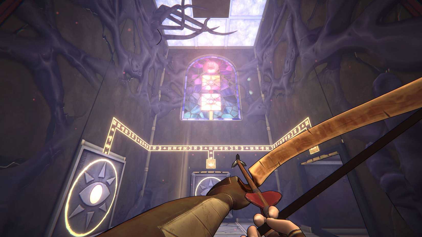 The player looking at stained glass in He Who Watches.