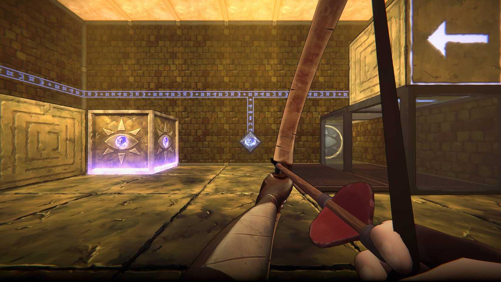 The player aiming their bow at a puzzle in He Who Watches.