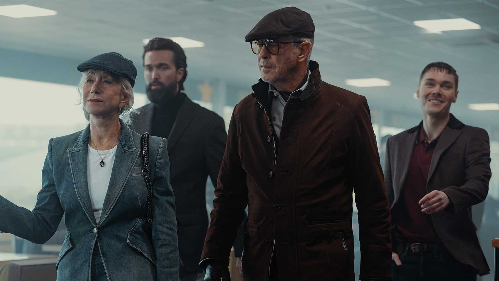 Helen Mirren as Maeve Harrigan, Emmett J Scanlan as Paul, Pierce Brosnan as Conrad Harrigan and Jack Archer as Fergus In MobLand, season 2