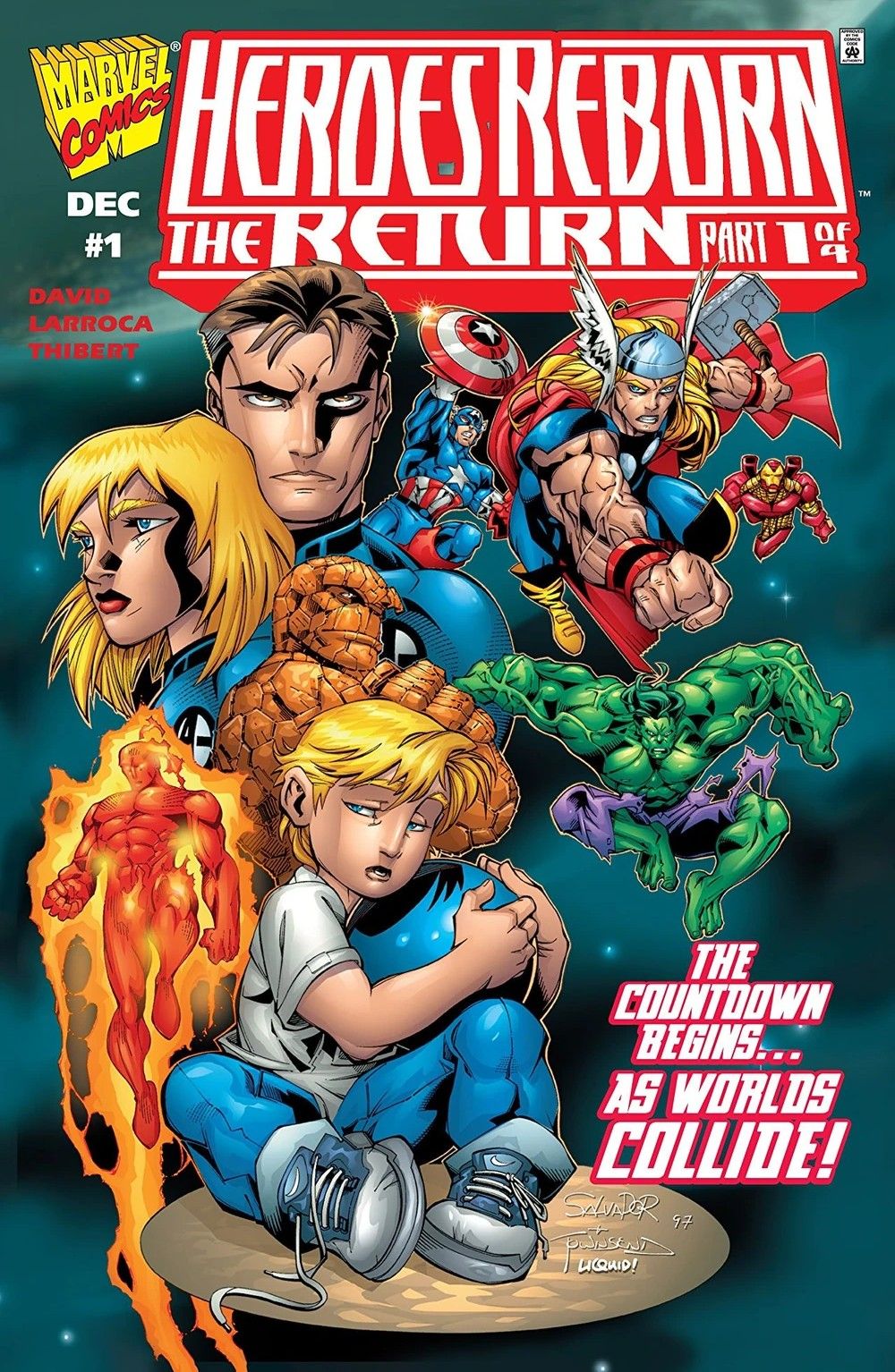 The cover of Heroes Reborn: The Return #1 showing Franklin Richards holding a ball. Behind him are the heroes he sent to the pocket universe.