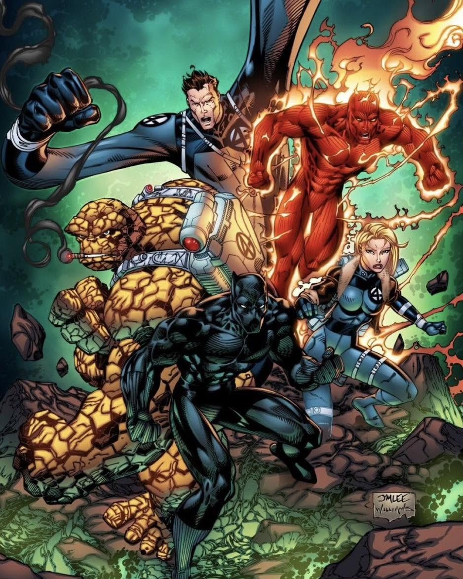 A Jim Lee promotional image for Heroes Reborn Fantastic Four showing the team with Black Panther.