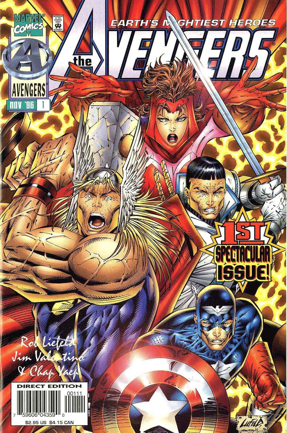Rob Liefeld's cover for Heroes Reborn: Avengers #1 showcasing Thor, Scarlet Witch, the Swordsman, and Captain America.
