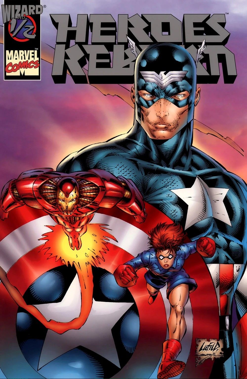 The cover of Wizard Magazine's Heroes Reborn Half, showing Iron Man, Captain America, and the reimagined Bucky.