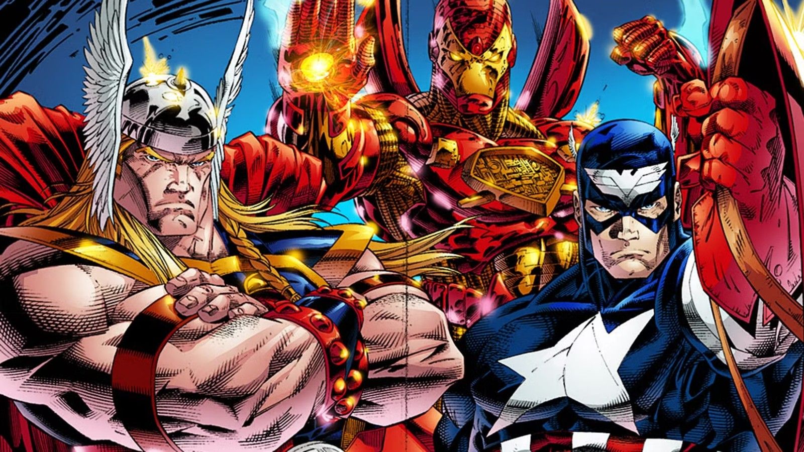 The redesigned Thor, Iron Man, and Captain America in an ad for Heroes Reborn