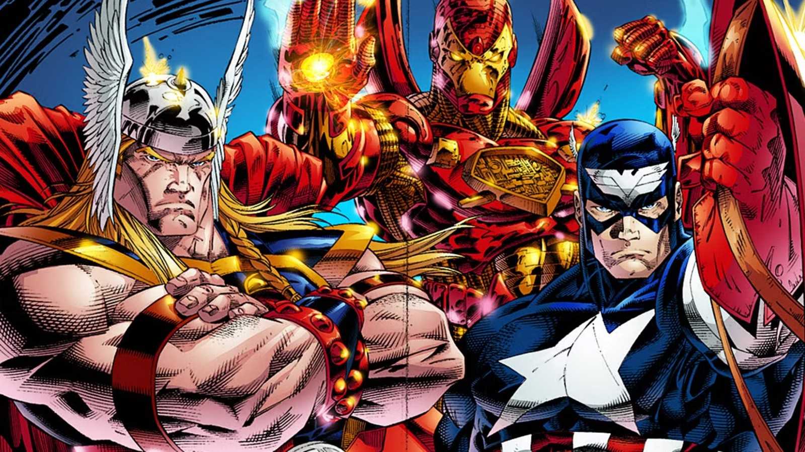 The redesigned Thor, Iron Man, and Captain America in an ad for Heroes Reborn