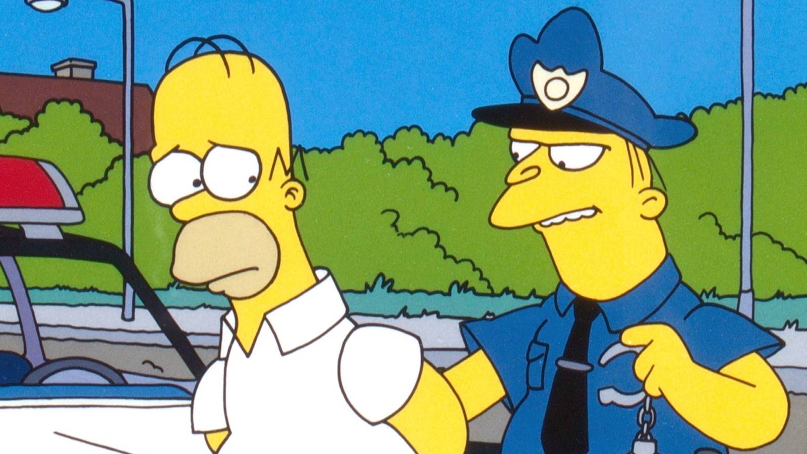 Homer getting arrested by Officer Eddie in the Simpsons season 4 episode Duffless