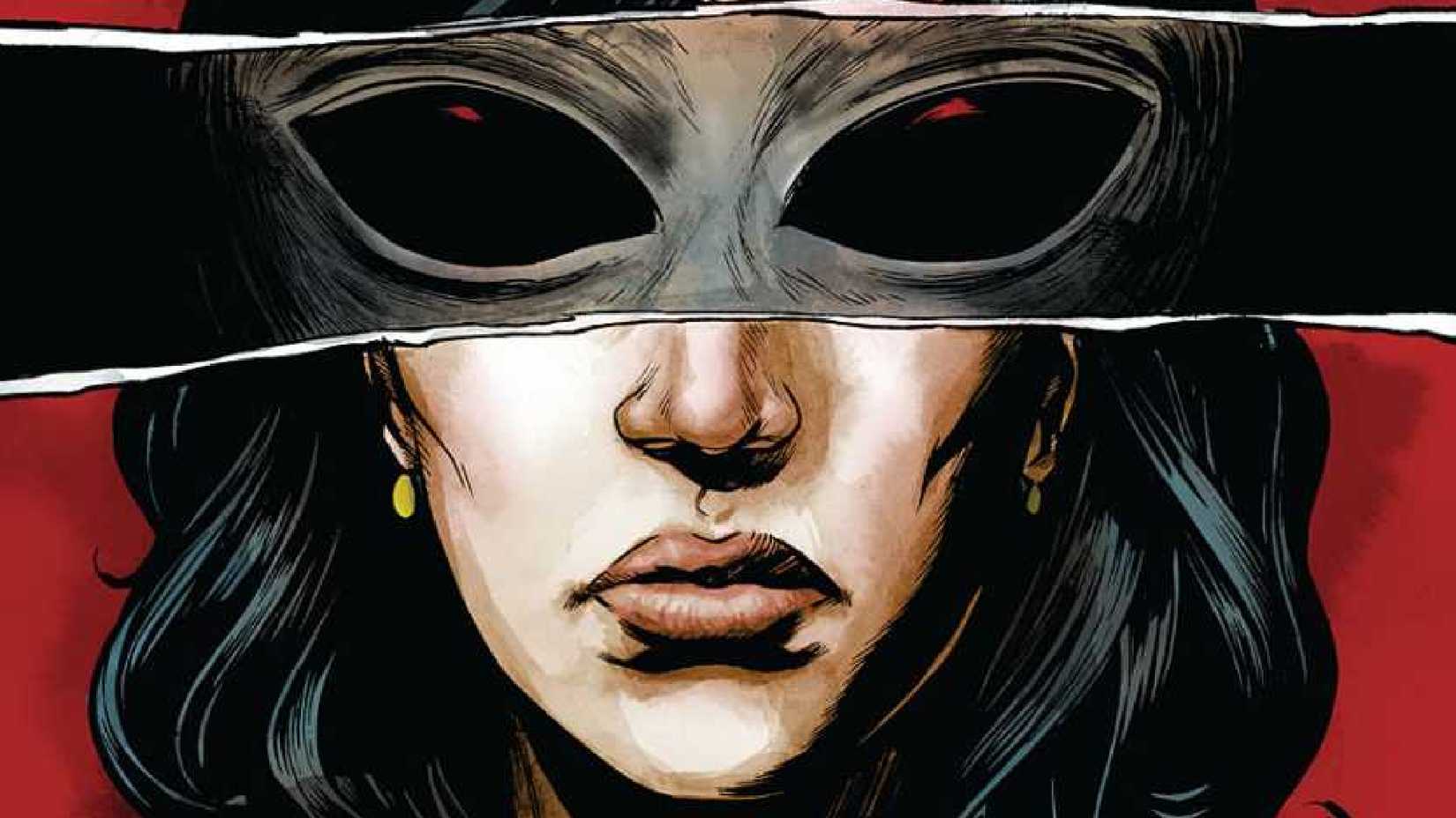 human woman with a tear in the page showing alien eyes