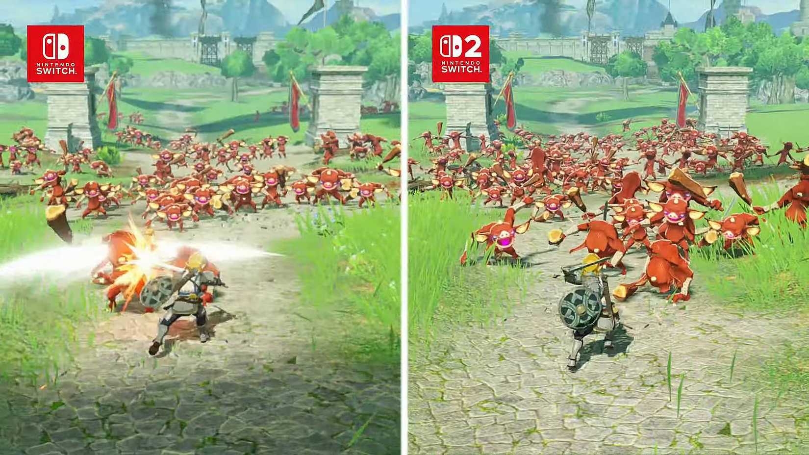 A gameplay comparison between the Switch and Switch 2 versions of Hyrule Warriors Age of Calamity.