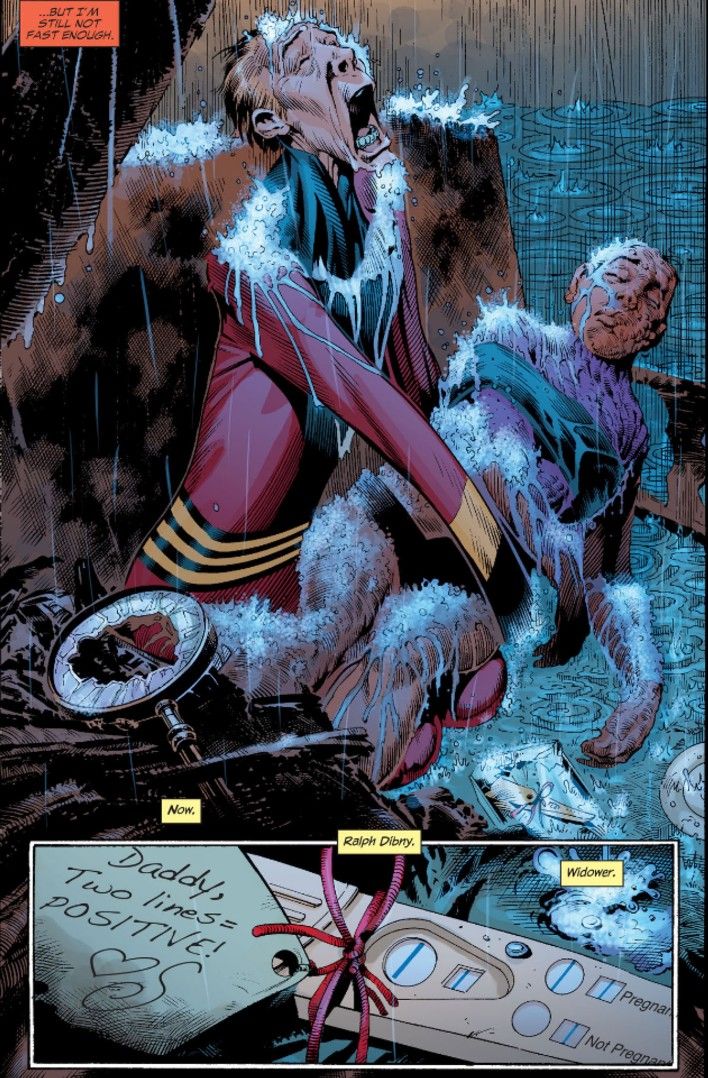 A page from Identity Crisis #1 showing Elongated Man holding the burned corpse of his wife, Sue Dibny.