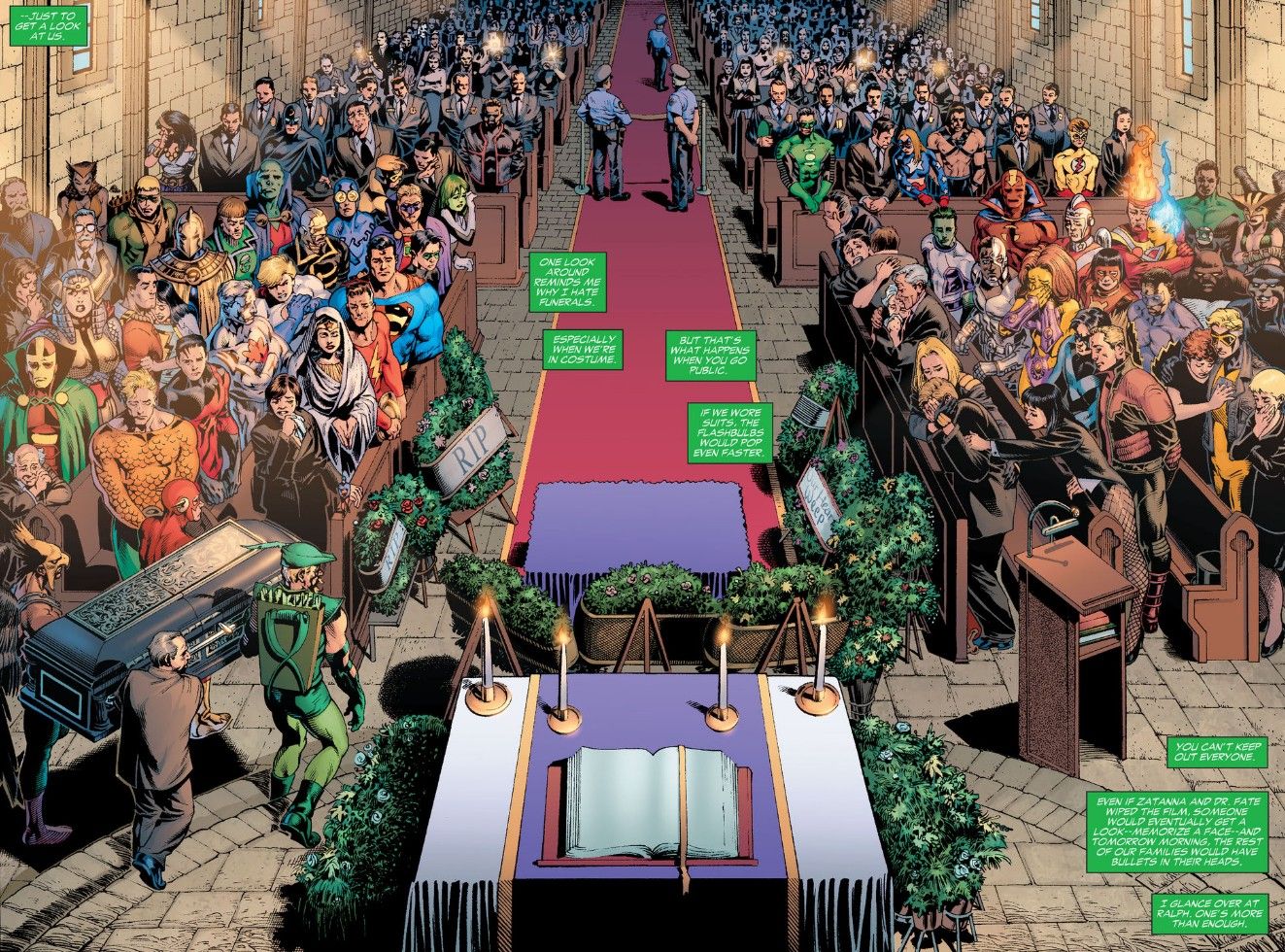 A two page spread from Identity Crisis #1 showing the heroes gathered for Sue Dibny's funeral.