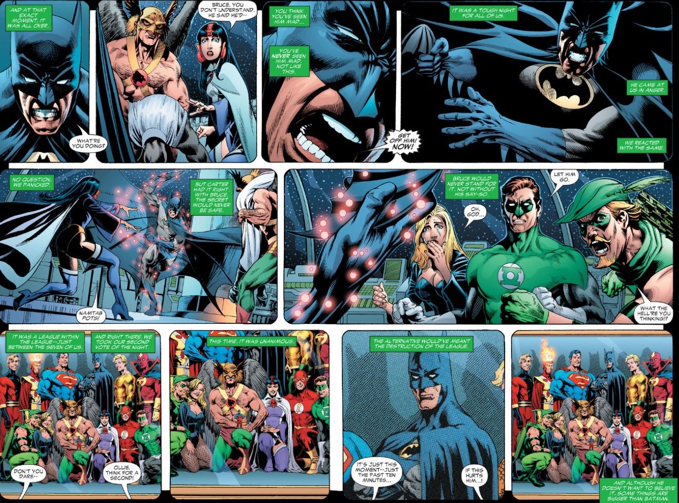A two page spread from Identity Crisis #6 showing the members of the League deciding to wipe Batman's memory.