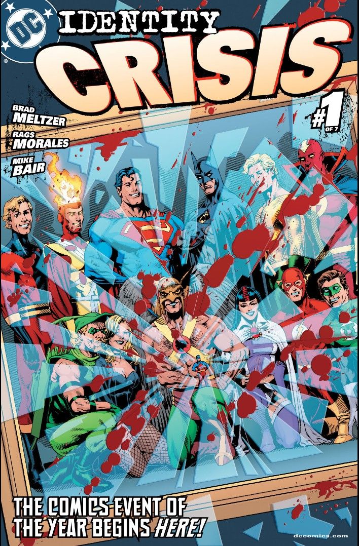 The cover of Identity Crisis #1 showing a photo of the Justice League in a shattered and bloodied frame.